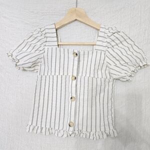 Zara Girls Top 12 Grey and white striped Button Front Elastic Back Girly Ruffled